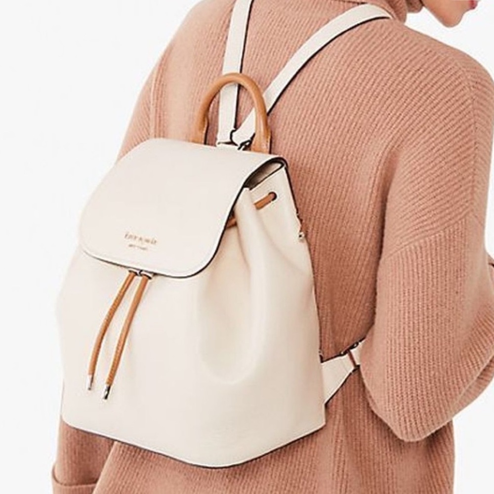 Kate Spade New York Medium Pebbled Leather Backpack Flap Cinch Gold Hardware - Picture 3 of 16